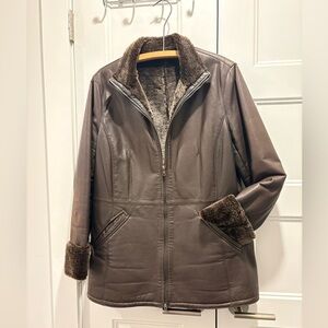 Vintage Danier Espresso Brown Leather Jacket with Faux-Shearling Trim